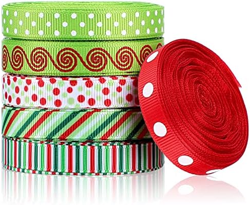 60 Yards 0.4 Inch Thin Christmas Ribbon Grosgrain Ribbon Red Green Dots Stripes Multi Rolled Xmas Gift Ribbon for Gift Wrapping Holiday Decoration DIY Crafts Christmas Ornaments