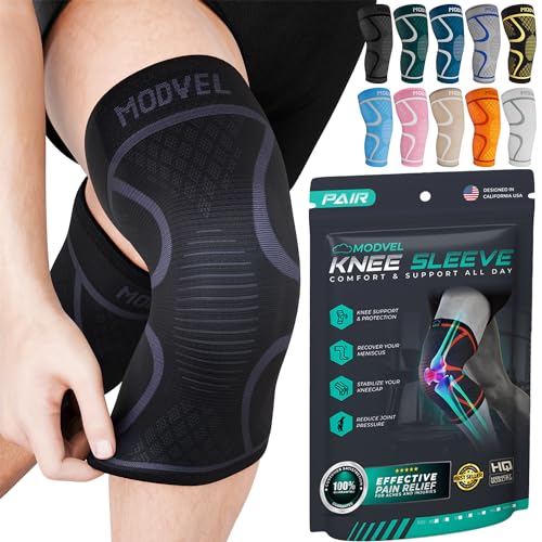 Modvel 2 Pack Knee Brace for Women & Men - Workout Knees Compression Sleeve for Knee Pain Relief Joint Support for ACL, Arthritis, Meniscus Tear Knees Brace for Sports, Rodilleras para Gym Fitness