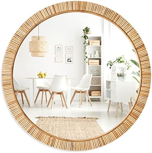Barnyard Designs Rattan Bathroom Mirror – Rustic Farmhouse Style Handmade Wicker Rattan Frame - Boho Mirror for Nursery Wall Décor (25.5", Round)
