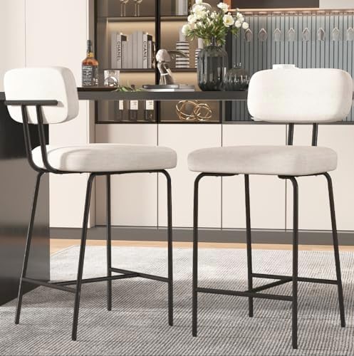 Counter Height Bar Stools Set of 2, 26" Fabric Kitchen Bar Stools with Back, Counter Barstools with Metal Legs, Bar Chairs for Kitchen Island, White