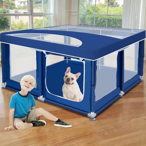 50x50x32 Inches Puppy Playpen with Cover, Dog Playpen for Puppies or Small Dogs, Dog Fence Pet Playpen for Indoor & Outdoor, Sturdy Safety Dog Pen with Thickened Fabric, High-Strength Nylon Wire Mesh