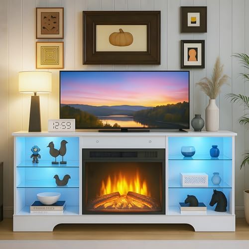 Fireplace TV Stand with LED Lights, Modern TV Console Table with Electric Fireplace for TV up to 65", Entertainment Center with Open Storage Shelves for Living Room Bedroom, White