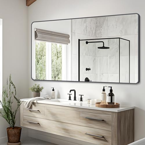 30" x 55"Bathroom Mirror, Matte Black Wall Mirror with Metal Frame, Decorative Rectangular Vanity Mirror for Bedroom Bathroom Living Room Entryway (Horizontal/Vertical)