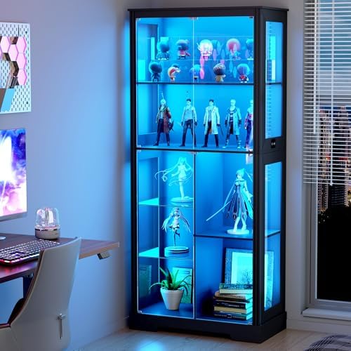 Lvifur 71” Display Cabinet with Glass Doors, Modern Curio Cabinet with 3 Color Lights, 7-Tiers Glass Display Cases for Collectibles, Tall Lego Storage Cabinet with Human Body Sensor (Black)