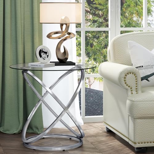 OIOG Glass Round End Table, Modern Contemporary Side Table for Small Space with Tempered Glass Tabletop for Living Room, Chrome Finish