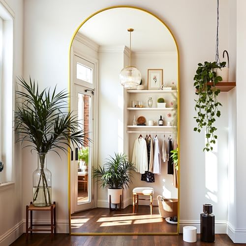 Floor Mirror, 76"x34" Oversized Full Length Mirror with Stand, Arched Full Body Mirror Standing Hanging Leaning Against Wall, Aluminum Frame Giant Mirrors for Bedroom Cloakroom, Gold