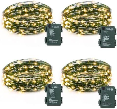 4 Pack Fairy Lights Battery Operated, 16.4 Ft 50 LED Starry Fairy Lights with Auto Timer Dark Green Copper Wire Twinkle Lights for Wedding Bedroom Christmas Decor (Warm White)