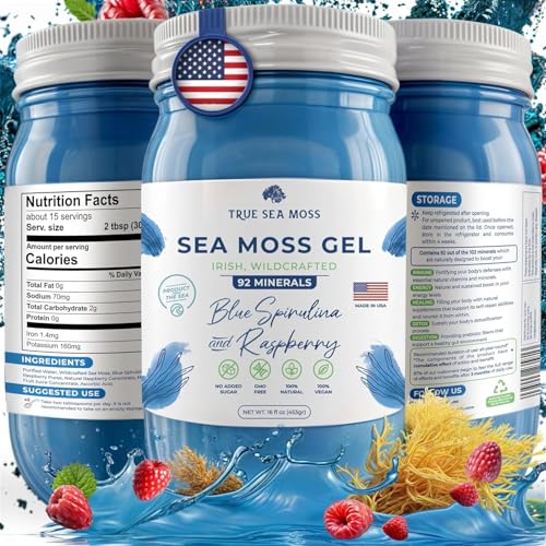 TrueSeaMoss Wildcrafted Irish Sea Moss Gel - Made with Dried Seaweed & Fresh Sea Vegetables, Seamoss - Made in USA (Blue Spirulina and Raspberry, Pack of 1)