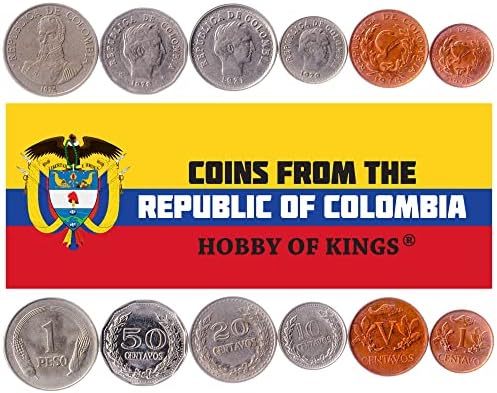 6 Coins from Colombia | Colombian Coin Set Collection 1 5 10 20 50 Centavos 1 Peso | Circulated 1969-1979 | Laurel Wreath | Francisco de Paula Santander | Phrygian Cap | Simon Bolivar