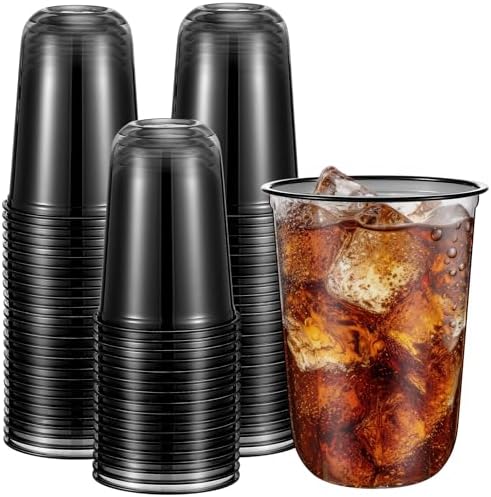 50 Pcs 16oz Disposable Stemless Glasses Crystal Plastic Wine Glasses Clear Classic Pet Cup for Meeting Weddings Birthdays Cocktail Christmas Party Supplies(Black)