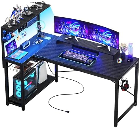 Homieasy Small Gaming Desk with Power Outlets Pegboard LED Light, 51 Inch L Shaped Computer Desk with Monitor Stand Storage Shelves, Reversible Corner Desk with Headset Hooks, Carbon Fiber Black