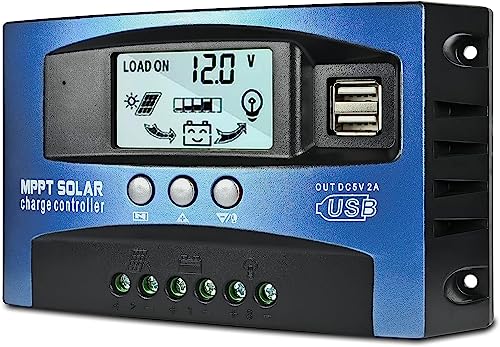 100A MPPT Solar Charge Controller, 12V/ 24V Solar Panel Battery Intelligent Regulator with Dual USB Port, LCD Display and Timer Setting ON/Off Hours