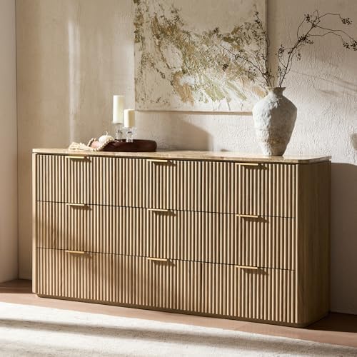 Fluted 9 Drawer Dresser for Bedroom, 63" Wide Modern Chest of Drawers with Faux Marble Top, Curved Corners, Wooden Dresser TV Stand with Organizer Storage for Living Room (Natural Oak, 63" W)
