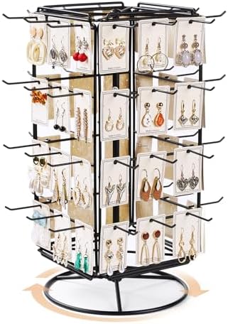 360 Rotating Earring Display Stands for Selling, 4 Tier Metal Earring Rack Holder Stand, Jewelry Display for Selling Earring Cards, Bracelets, Necklaces, KeyChains, Hair Accessories (48 Hooks)