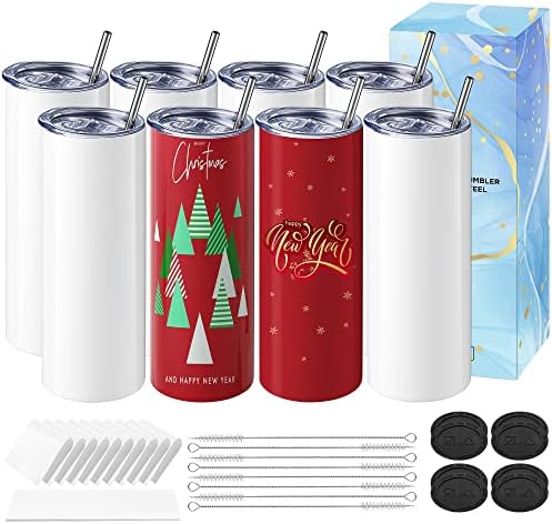 Hiipoo 8 Pack Sublimation Tumblers Bulk 20 oz Straight Skinny with Sublimation Papers, Lids and Straws, Shrink Wrap, Sublimation Tumbler Cups for Tumbler Heat Press and Heat Transfer