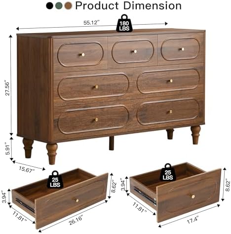 ORRD Fluted 7 Drawer Dresser for Bedroom, Modern Mid Century Chest of Drawers, Wood Storage Large Dresser Organizer for Bedroom Living Room Closet Hallway, Walnut
