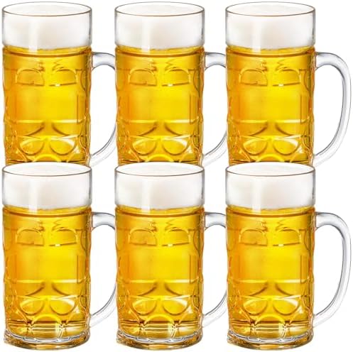 6 Pack Plastic Beer Mugs, 20 oz./600ml Beer Steins with Handles, Resuable Beer Drinking Cups, Clear Large Beer Mugs for Bar, Beverages, Alcohol, Freezable, BPA Free