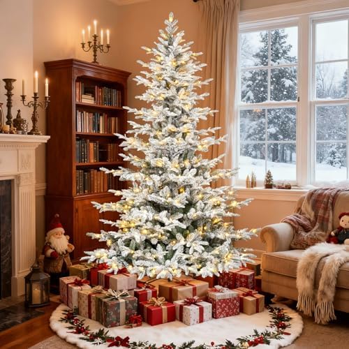 Hykolity 7.5 ft Snow Flocked Aspen Fir Christmas Tree, Prelit Artificial Christmas Tree with 450 Warm White Lights, 1173 PE & PVC Branch Tips, Metal Stand and Hinged Branches