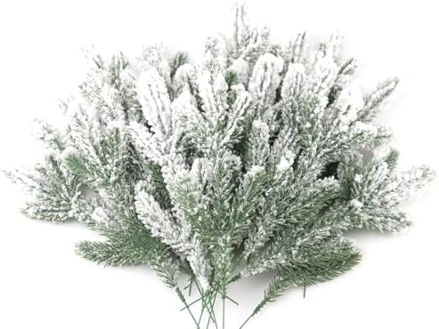 30 Pcs Snow Frosted Pine Branches 11.3 Inch Artificial Flocked Picks for Christmas Tree Filler, Snowy Stems Winter Spray Tree Sprigs for DIY Crafts Garland Wreath Holiday Decor