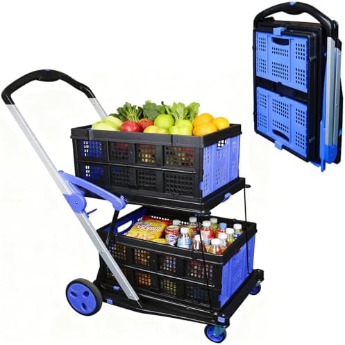Shopping Cart with 2 Storage Crates, Multi Use Two Tier Collapsible Cart with 360° Rolling Swivel Wheels Heavy Duty Folding Trolley for Shopping, Picnic and Office
