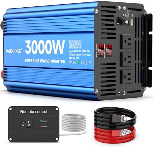 3000 Watt Pure Sine Wave Power Inverter 12V DC to 110V 120V Converter for Home, RV and Off-Grid Solar Systems with 3 AC Outlets, Dual USB Ports, LCD Display and Remote Control