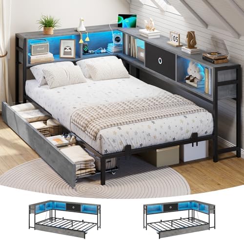 DICTAC Corner Bed Frame with Bookcase Storage and Led Lights Twin Size Metal Platform Bed Frame with Storage Drawers and Charging Station Twin Daybed for Living Room,Bedroom & Guest Room,Oak Gray