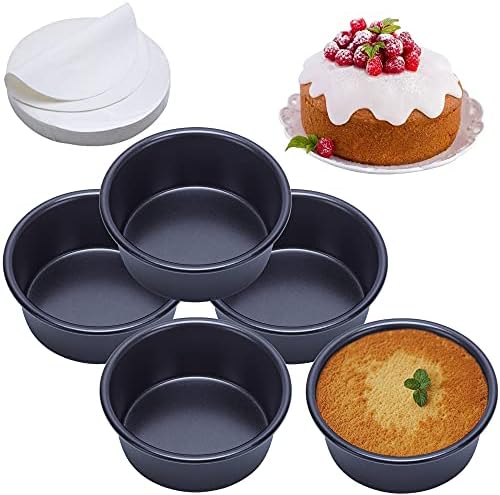 4 Inch Cake Pan Set of 5, Nonstick Cheesecake Round Cake Pans with 100 Pieces Parchment Paper, Mini Cake Tins for Baking, Non-Toxic & Leakproof Circle Cake Pan, Aluminum Material Food Grade Coating