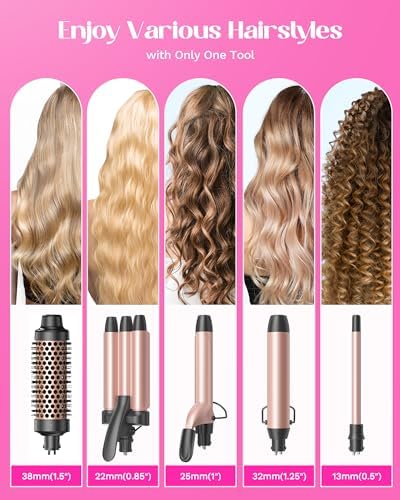 Wavytalk 5 in 1 Curling Wand Set, Dual Voltage Curling Iron Set with 5 Interchangeable Barrels Included A Thermal Brush, A Hair Crimper and 3 Ceramic Curling Wands(0.5"-1.25"), Rose Pink