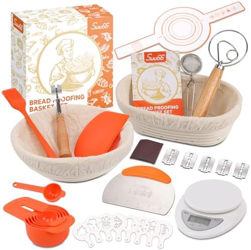 30-Pcs Sourdough Bread Baking Supplies - Sourdough Starter Kit | Including 9 inch Round and 10 inch Oval Banneton Proofing Basket，Precision Measuring Spoons，Electronic scales