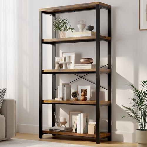 5-Tier Adjustable Heavy Duty Bookshelf, Industrial Wooden Open Storage Rack with Black Metal Frame, Vintage Bookcase with Lock Wall Design, Rustic Brown
