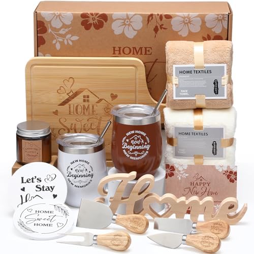 Housewarming Gift for New Home 19pcs House Warming Gift Set for Couple Friend Women Men Housewarming Basket for New House Apartment Kitchen Dinner Set (Brown,Nature)