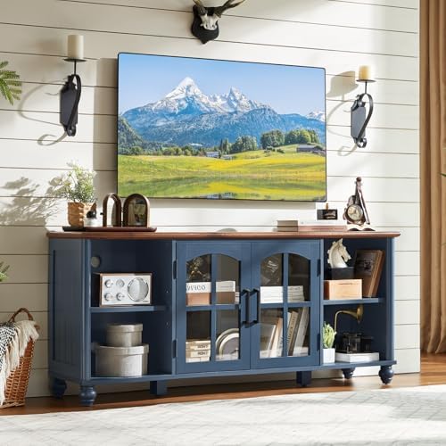 Farmhouse TV Stand for 60 Inch TV, Wood Entertainment Center with Glass Door Storage Cabinet & Adjustable Shelves,Television Stands for 65" TVS, TV Console Table for Living Room,Bedroom,Blue