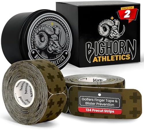 Bighorn Athletics KT Blister Prevention Tape for Fingers & Feet, Pre-Cut Strips, Golf Finger Tape, KT Blister Tape, Blister Protection for Running, Hiking, 2-Pack with Tin Can, Military Green+