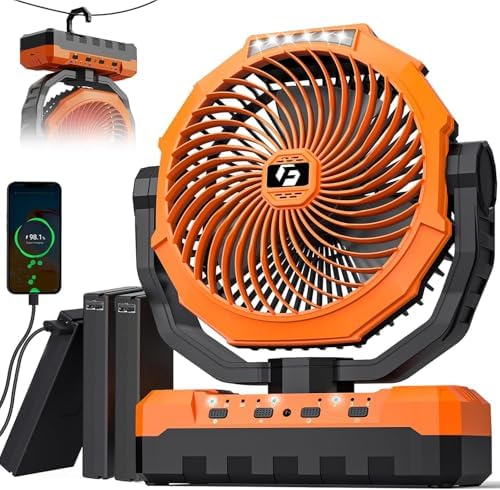 36000mAh Camping Fan - 9-Inch Detachable Rechargeable Battery Operated Fan with Light & Hook for Tent, Outdoor - USB Table Fan with 4 Speeds for Picnic, BBQ, Fishing, Travel, Hurricane