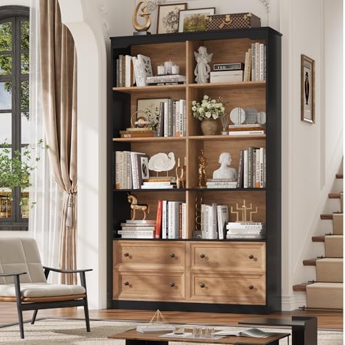 FINETONES 71" Tall Bookshelf with 4 Drawers, 6-Tier Double Wide Bookshelves and Bookcases with Storage, Tall Bookshelf Large Standing Book Cabinet for Home Office, Brown/Black
