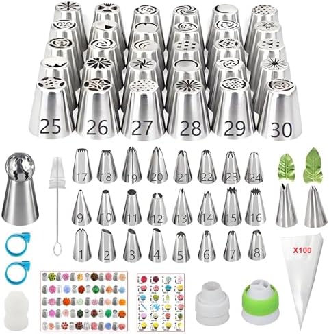 166 Pcs Russian Piping Tips Set, with 30 Numbered Russian Tips,24 Numbered Icing Tips,Pattern Chart,1 Ball Tip,2 Leaf Tips,100 Pastry Bags,3 Couplers for Cake Decorating