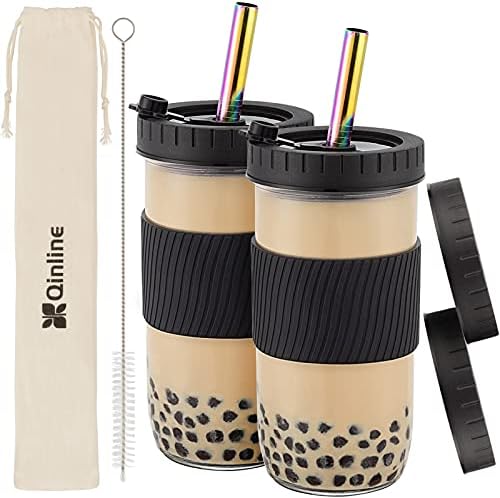 Reusable Glass Mason Jars Cups with Lids and Straws Silicone Sleeves, 2 Pack 24Oz Wide Mouth Smoothie Cups Glass Bubble Tea Cup Leakproof drinking glasses Travel Tumbler for Large Pearl Birthday Gifts