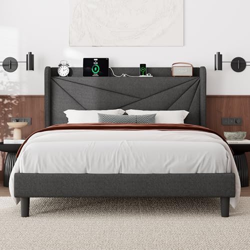 Feonase Queen Bed Frame with Charging Station, Linen Upholstered Platform Bedframe with Wingback Headboard, Solid Wood Slats Support, Noise Free, No Box Spring Needed, Charcoal Grey
