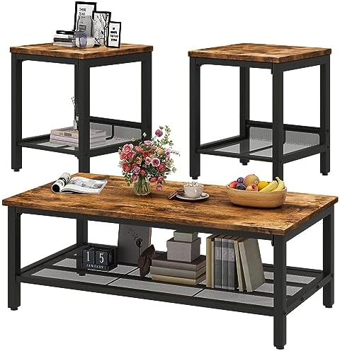 DKLGG Coffee Table Set of 3, Vintage Wood Coffee Table & 2 End Tables, Square Tabletop Modern Industrial Living Room 3-Piece Set for Apartment Home Office, Rustic Brown