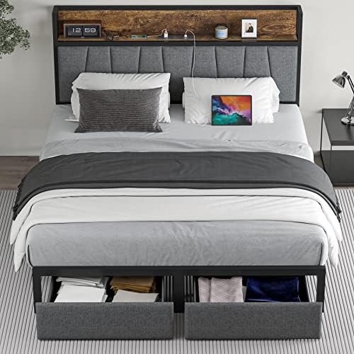 Full Size Bed Frame with Headboard and Storage, Drawers Platform Bed Frame with Storage Chargin Station LED Light Bedframe, Heavy Duty, No Box Spring Needed