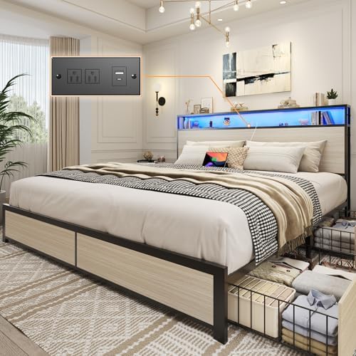 Lifezone King Bed Frame with 2-Tier Storage Headboard, Metal Platform Bed Frame with 4 Storage Drawers, Built in Charging Station & LED, Noise-Free/Metal Support/No Box Spring Needed, Beige
