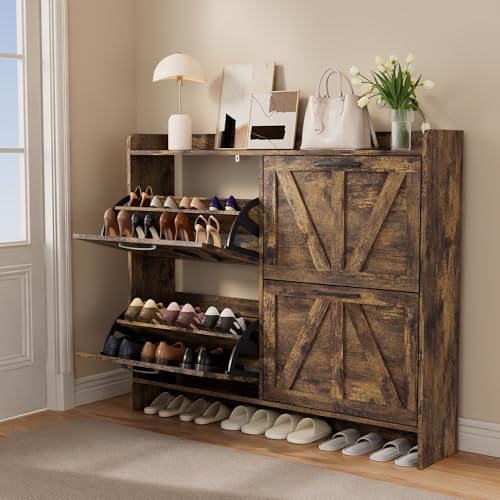 Shoe Storage Cabinet with 4 Flip Drawers, Freestanding Hidden Shoe Cabinet with Wooden Legs & Black Metal Handle for Entryway, Farmhouse Slim Shoe Rack Organizers, Rustic