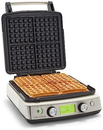 GreenPan Elite 4-Square Belgian & Classic Waffle Maker,Healthy Ceramic Nonstick Dishwasher Safe Plates, Adjustable Shade/Crunch Control, Wont Overflow, Easy Cleanup Breakfast, PFAS-Free, White