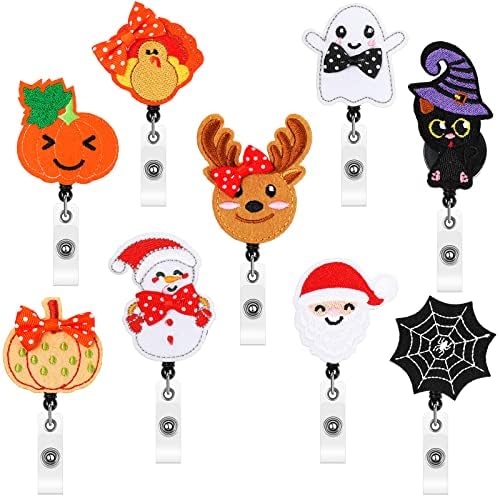 9 Pcs Holiday Badge Reels Retractable Badge Holder Nurses ID Badge Clip Halloween Thanksgiving Fall Christmas ID Badge Holder Decorative for Student Teacher(Holiday Style)