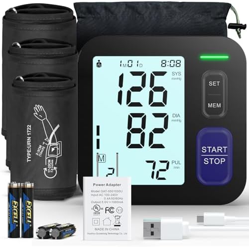 Upper Arm Blood Pressure Machine - 3 Size Cuffs, Small 7"-9", Medium 9"-17" and Extra Large XL 13"-21" for Big Arms, Accurate Automatic Digital BP Machine for Home Use, Large Display, 3 Users
