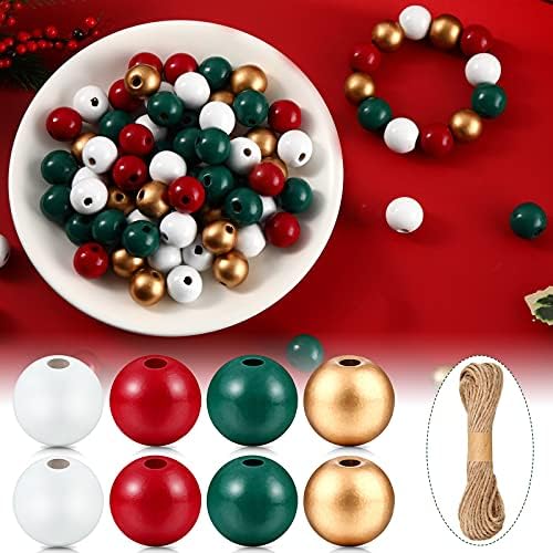 Yookeer 240 Pieces Christmas Wooden Colored Beads for Jewelry Making DIY Crafts Red Green Golden White Large Hole Polished Spacer Beads 16mm Mixed Wood Bead with Twine for Holiday Party Decoration