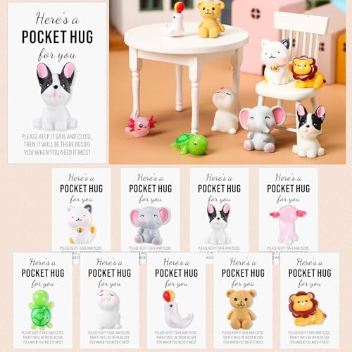 9 Sets Pocket Hug Bulk Little Resin Animal Positive Pocket Hug Token Emotional Gifts with Inspirational Card for Christmas Friends Coworker Staff Family Gifts(Classic Style)
