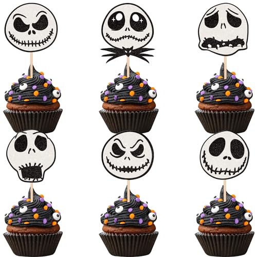 24 PCS Nightmare Before Christmas Cupcake Toppers Glitter Skull Ghost Jack and Sally Halloween Cupcake Picks for Nightmare Before Christmas Baby Shower Birthday Party Cake Decorations Supplies