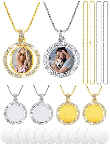 Fumete 24 Pcs Sublimation Rhinestone Pendant Set Including Round Rhinestone Bezel Trays Double Sided Blank Pendant Charms Thick Chains Sublimation Discs for Christmas DIY Making(Gold, White)