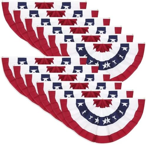 12 Pieces USA Pleated Fan Flag, 1.5x3 ft American US Bunting Flag Patriotic Half Fan Banner Flag for 4th of July Memorial Indoor Outdoor Decoration with Canvas Header and Brass Grommets, Red
